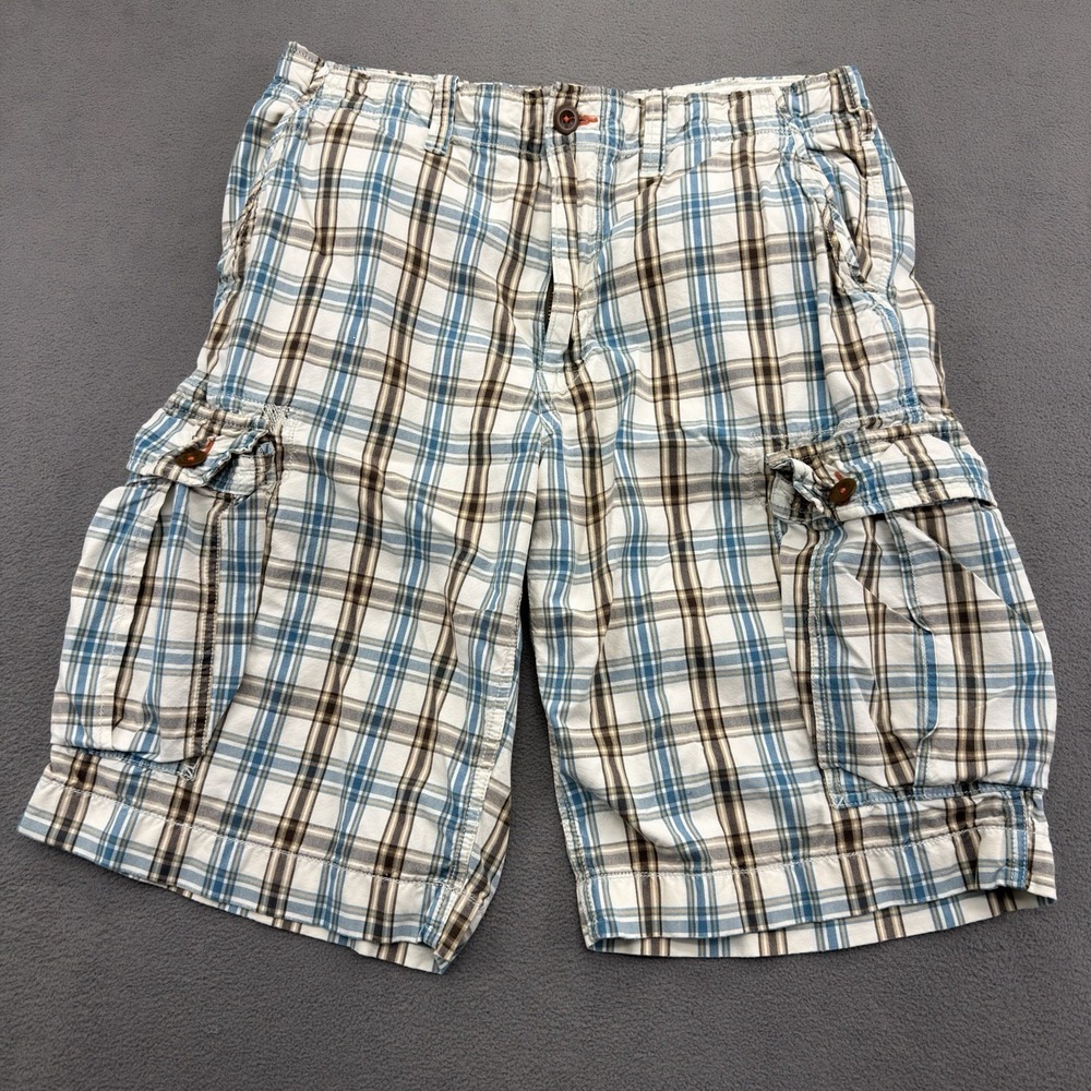 American Eagle Outfitters Cargo Shorts Mens Size 33 Blue Plaid Longer Length 12"